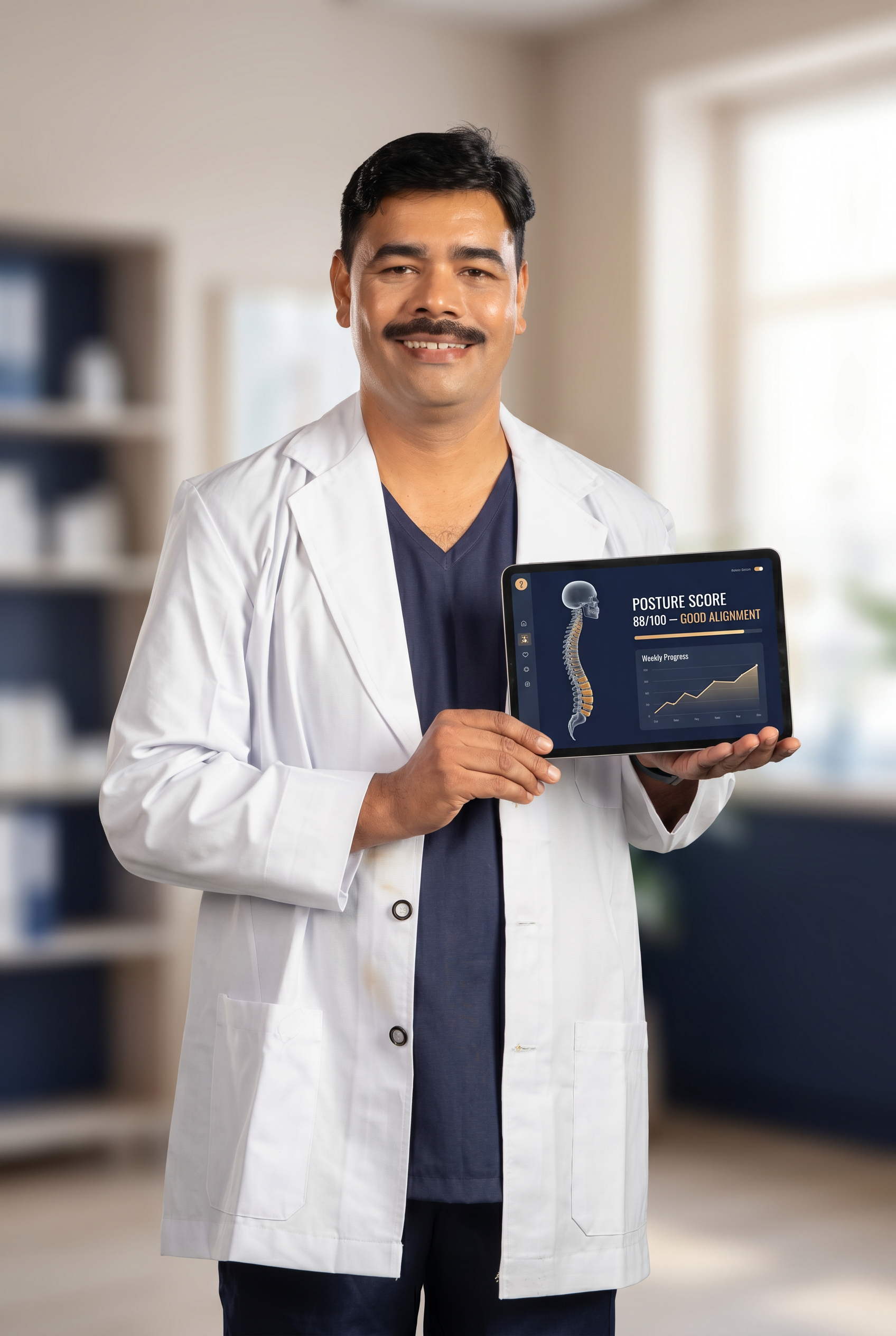 Dr. G. M. Patil in a white lab coat holding a tablet